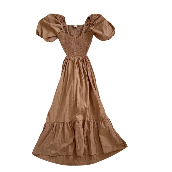 Anthropologie Faithfull the Brand Bloom Smocked Puff Midi Dress, Size 6, Tan - Picture 2 of 9
